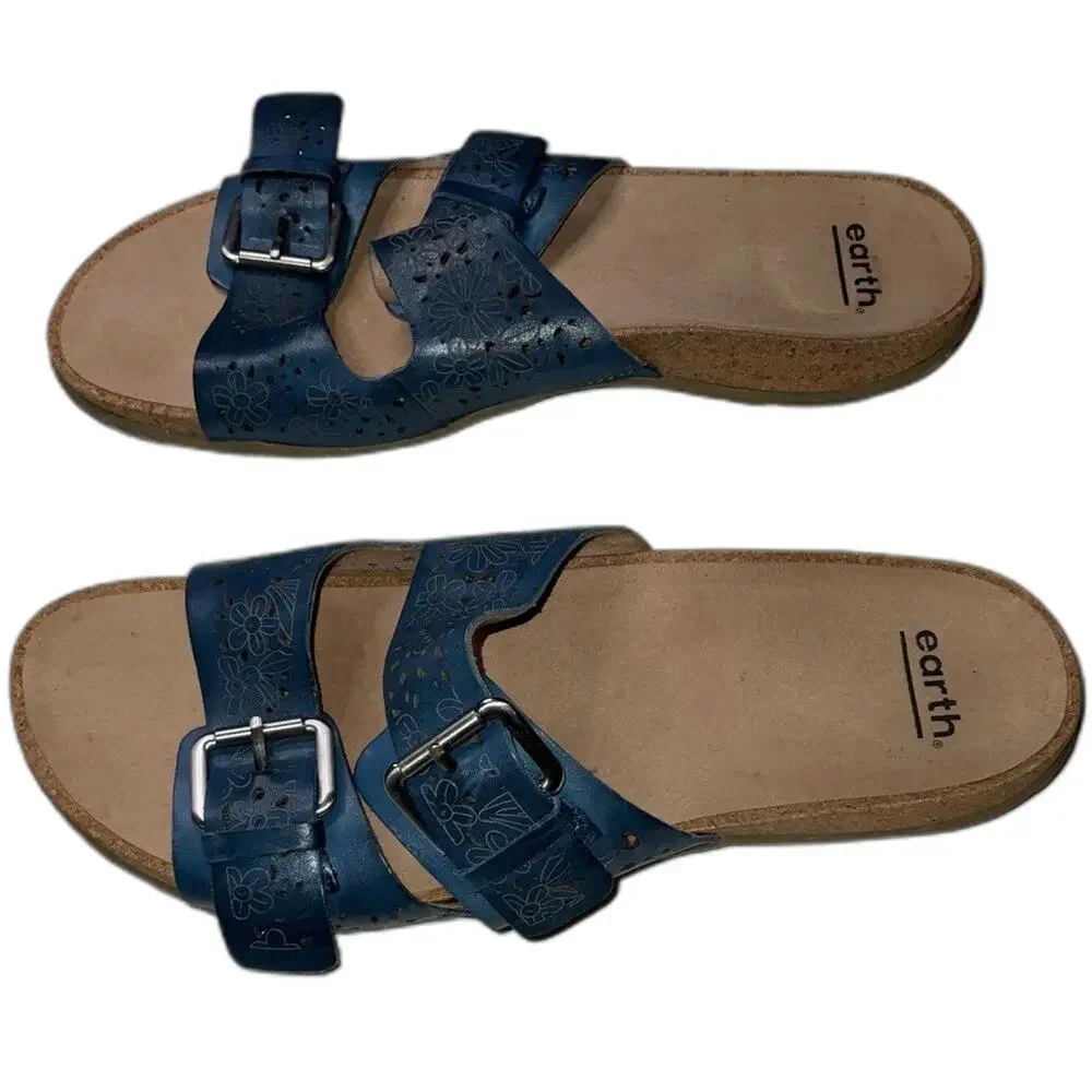 Earth Sandals Sand Antigua Blue Leather Slides Size 11M